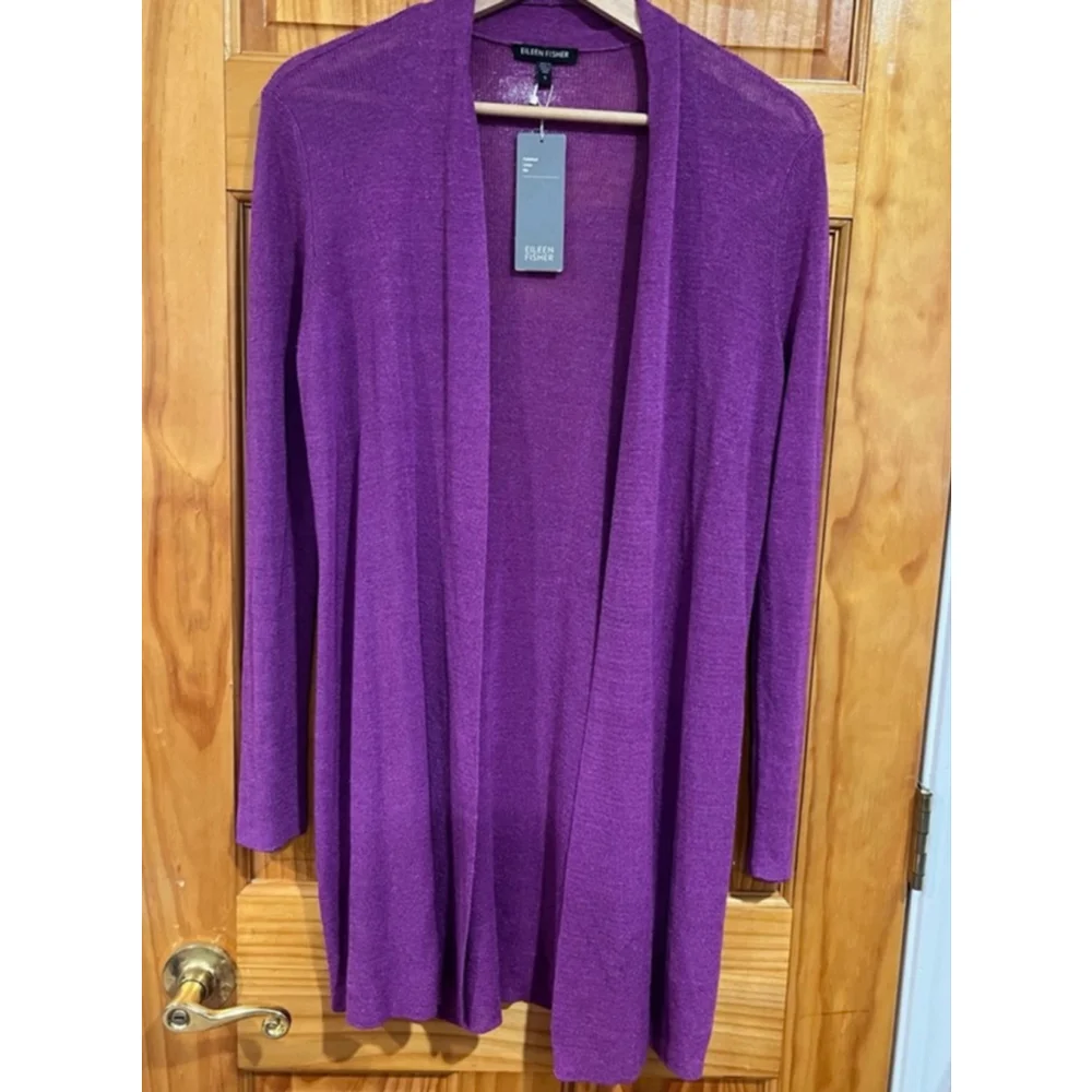 Eileen Fisher Purple Polished Linen Rib Long Open Front Cardigan NWT Size S - Picture 1 of 7